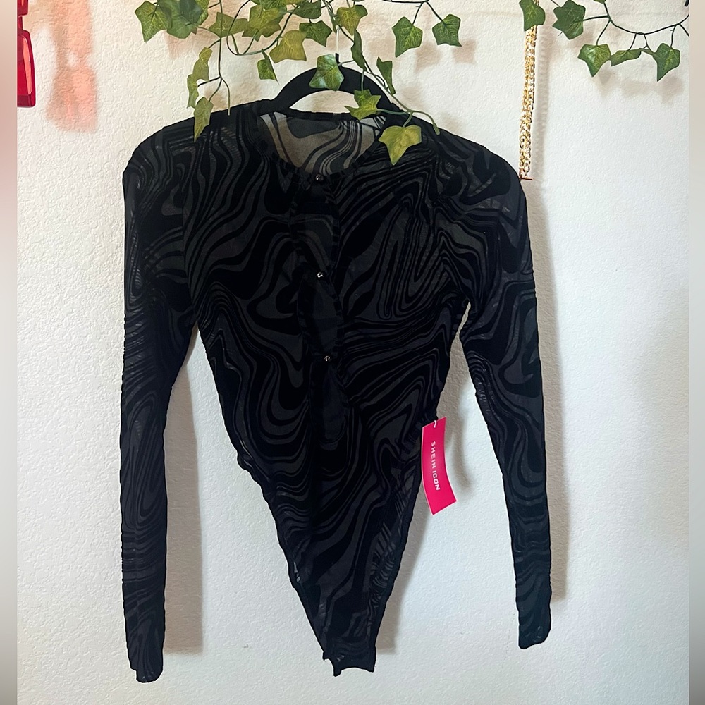 shein ICON marble mesh bodysuit black